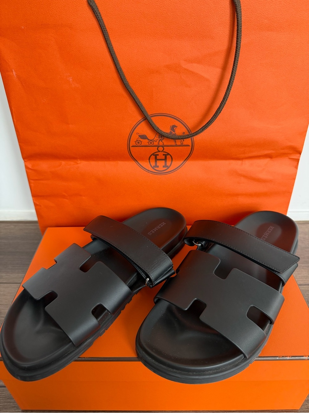 Hermes Men's Black Leather Oran-Style Slide Sandals